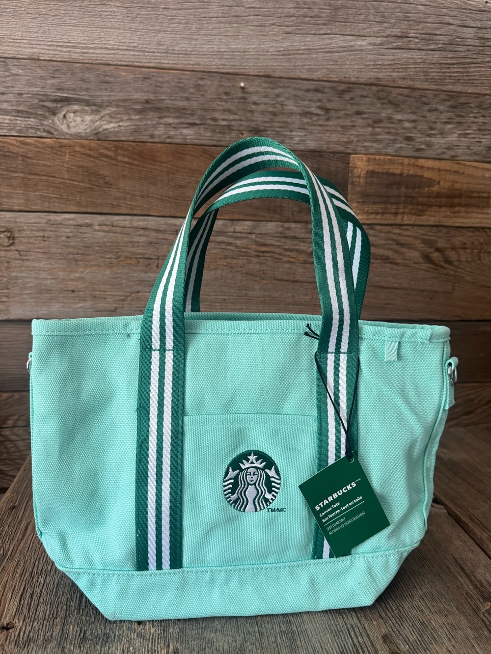 Starbucks Mint Green Canvas Tote Bag with Striped Handles - Picture 3 of 3